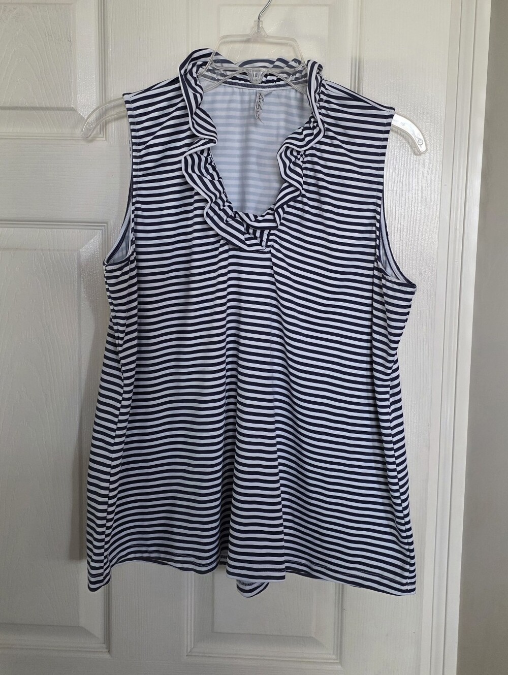 Lulu B Sleeveless Navy and White Striped Ruffle V-Neck Top XL